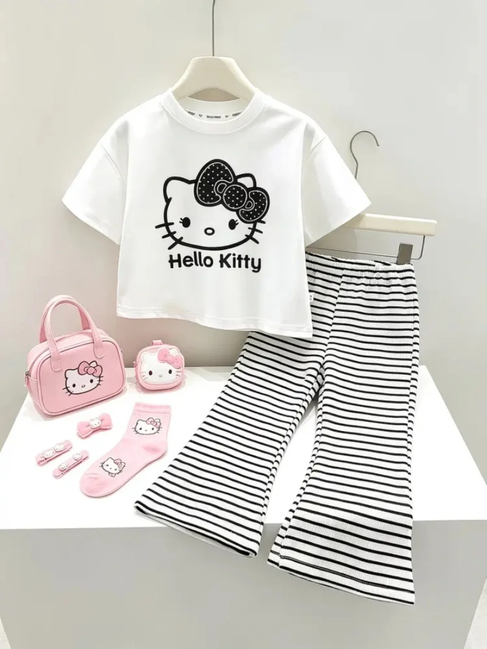 NWOT, Hello Kitty Kids Pajama Set - White Top & Black Striped Pants